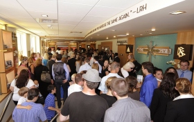 After the ribbon fell, Scientologists and guests streamed into the 34,500-square-foot brick and glass structure at 300 West Harrison, to tour the new Church of Scientology of Washington in Queen Anne.